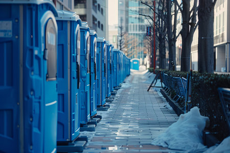 long row of blue portable bio toilet cabins in a city with copy spaceの素材