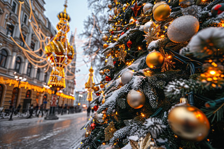 christmas tree in the city square with copy space for textの素材