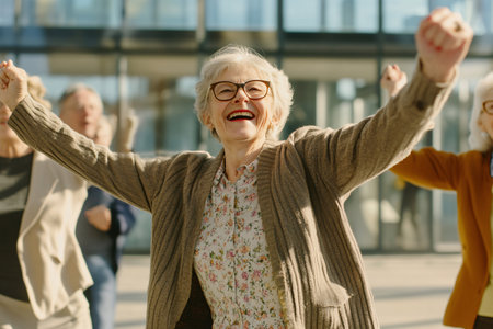 happy old people dancing together outsideの素材