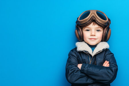 happy boy in pilot clothes on blue backgroundの素材