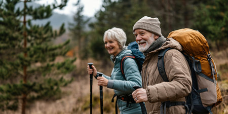 happy senior couple  hiking in mountains with trekking sticks and backpacks with copy spaceの素材