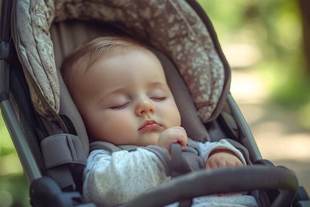 baby sleeping in baby carriage in summer parkの素材