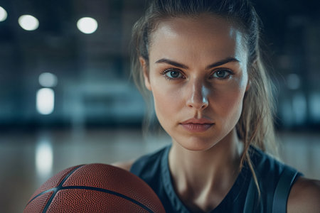 woman in sport wear with basketball ball in basketball gymの素材