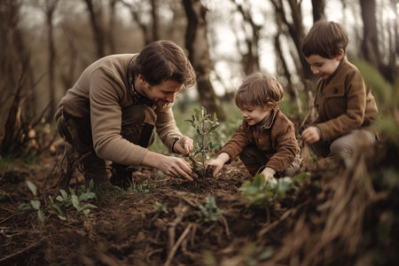 father and kids in brown clothes planting a treeの素材