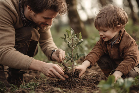 father and son planting a treeの素材