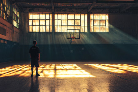 sporty man standing in the center of basketball gym interiorの素材