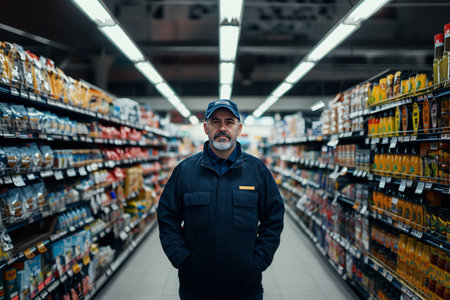 security man in the center of grocery storeの素材
