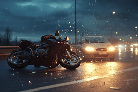 motorcycle and car accident on streetの素材