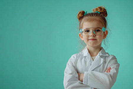 little girl scientist in glasses on green background with copy space for textの素材
