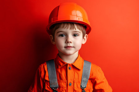 little cute boy in builder clothes on red background with copy spaceの素材