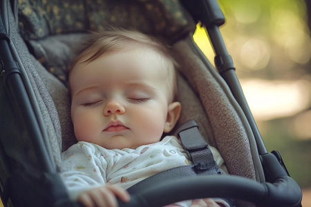 cute baby sleeping in baby carriage in summer parkの素材
