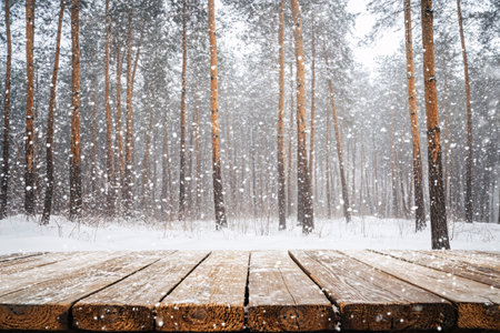 empty wooden table with copy space over snowy winter backgroundの素材