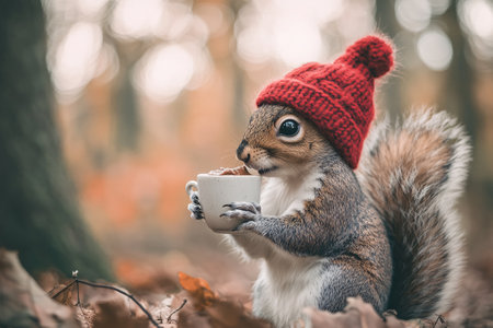 close up of cute squirrel in red knitted hat holding cup of coffee over autumn forest backgroundの素材