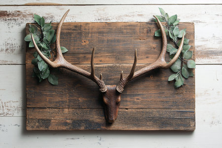 big deer antlers on a wooden board background on the wallの素材