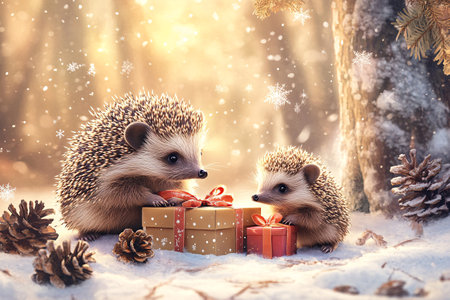 cute hedgehog family with christmas gifts in beautiful winter forestの素材