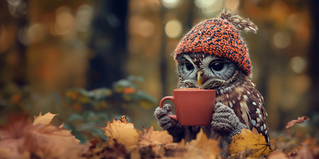 Cute owl wearing knit hat holding a coffee cup over autumn forest background with copy spaceの素材