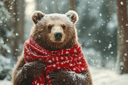 portrait of cute brown bear with red christmas scarf over beautiful snowy forest backgroundの素材