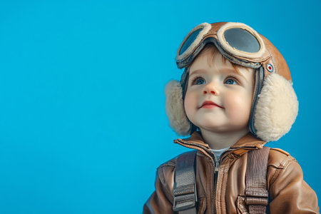 little boy in pilot clothes on blue backgroundの素材