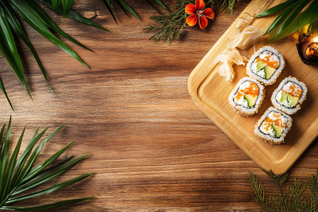 top view of sushi on the wooden table background with green leaves and copy spaceの素材