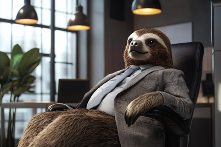 portrait of cute funny sloth in business suit relaxing in the chair in modern officeの素材