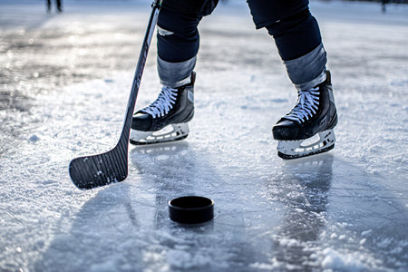 hockey equipment on ice in winterの素材