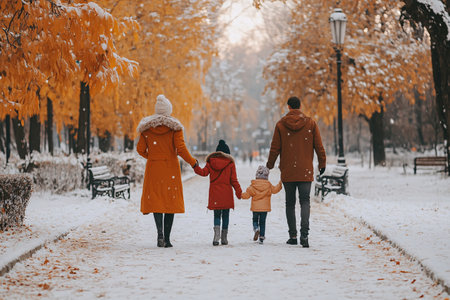 family walking in winter park with treesの素材