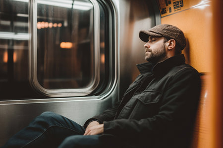 young man sitting and sleeping on a subway trainの素材