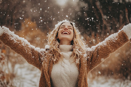 young happy woman trowing white snow in forestの素材