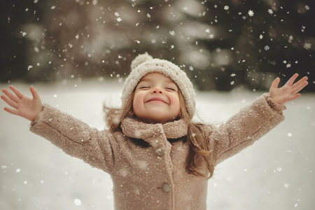 little girl enjoing snow in winter parkの素材