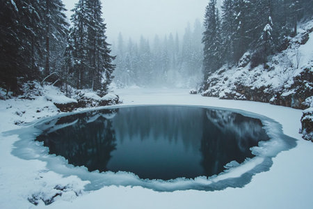 lake with ice hole in forestの素材