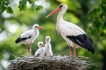 stork bird family in nest with newborn babyの素材