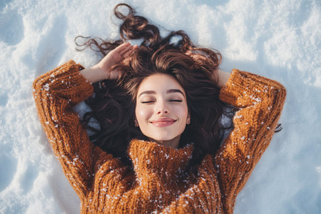 top view of beautiful woman lying on the snowの素材