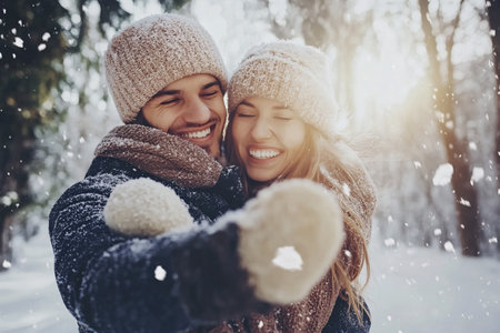 young couple in winter forest having funの素材