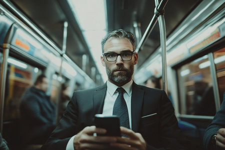 portrait of businessman in a subway trainの素材