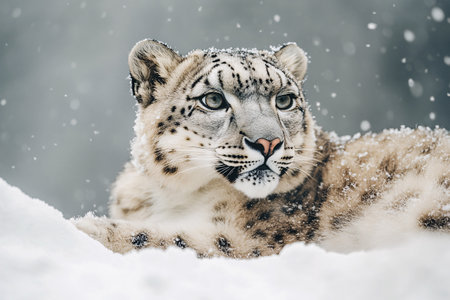 snow leopard lying on white snow with copy spaceの素材