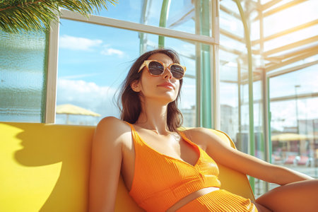 woman in swimwear and sunglasses sunbathingの素材