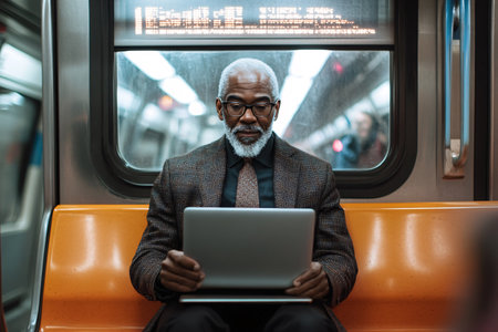 portrait of black businessman with laptop in a subway trainの素材