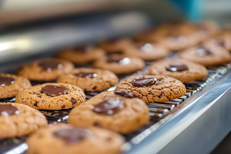 tasty cookies lying on conveyer with copy spaceの素材