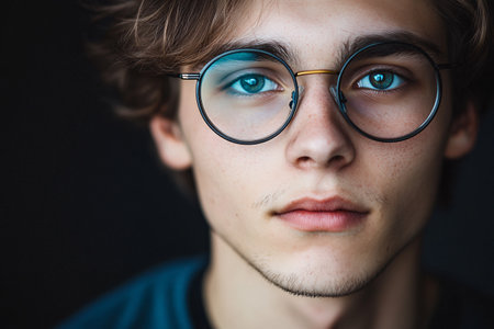 close up portrait of young man in glassesの素材