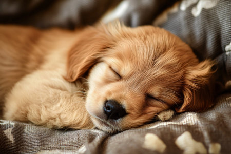 close up of cute golden retriever puppy sleeping on the bed at homeの素材