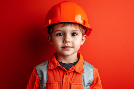 little cute boy in builder clothes on red background with copy spaceの素材
