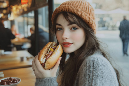 woman with hot dog in cafeの素材
