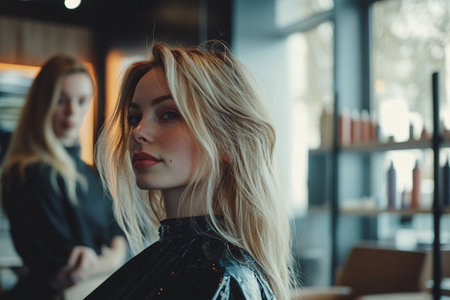 beautiful blonde client on beauty salon with hairdresserの素材