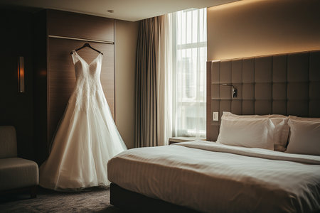beautiful wedding dress is hanging on a hanger in hotelの素材