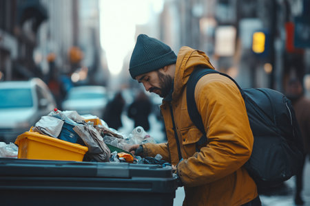 homeless man looking in trash binの素材