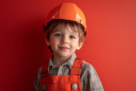 little happy boy in builder clothes on red background with copy space for textの素材