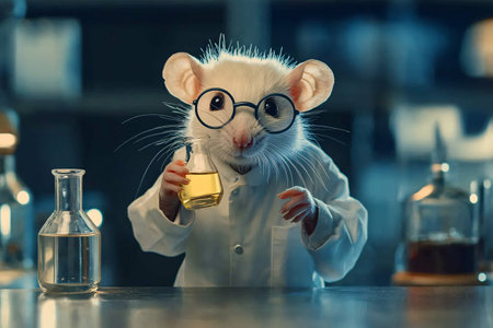 portrait of cute rat scientist in eyeglasses and white coat holding tube in modern labの素材
