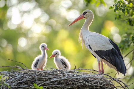 stork bird mother in nest with newborn babyの素材