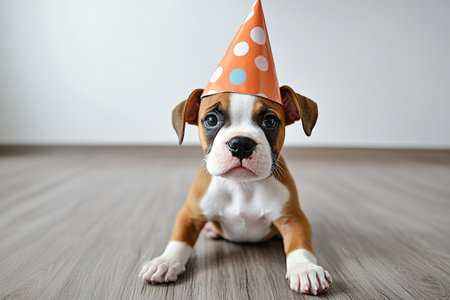 cute boxer dog puppy in birthday cap at homeの素材