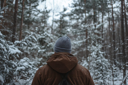 back view of man in winter forest with trees with copy spaceの素材
